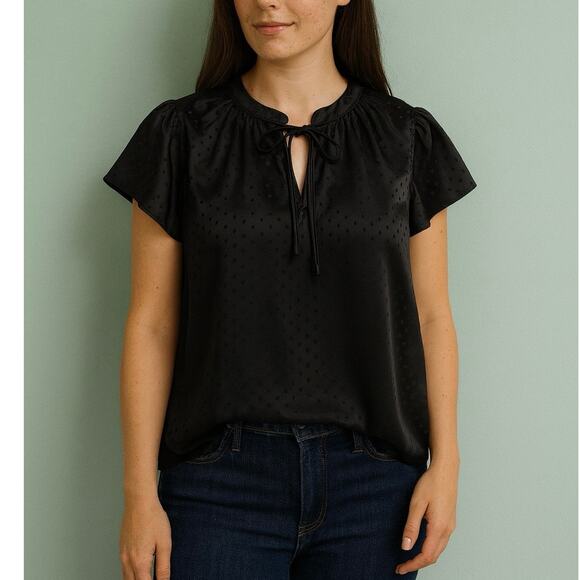 LC Lauren Conrad XL Black Satin Polka Dot Tie Neck Flutter Sleeve Blouse - Picture 1 of 8